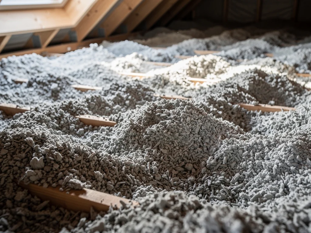 Soufflage de ouate de cellulose en flocons dans des combles perdus
