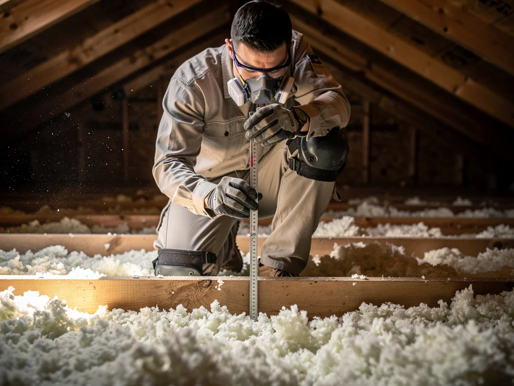 Artisan RGE contrôlant la hauteur de laine soufflée à la pige graduée
