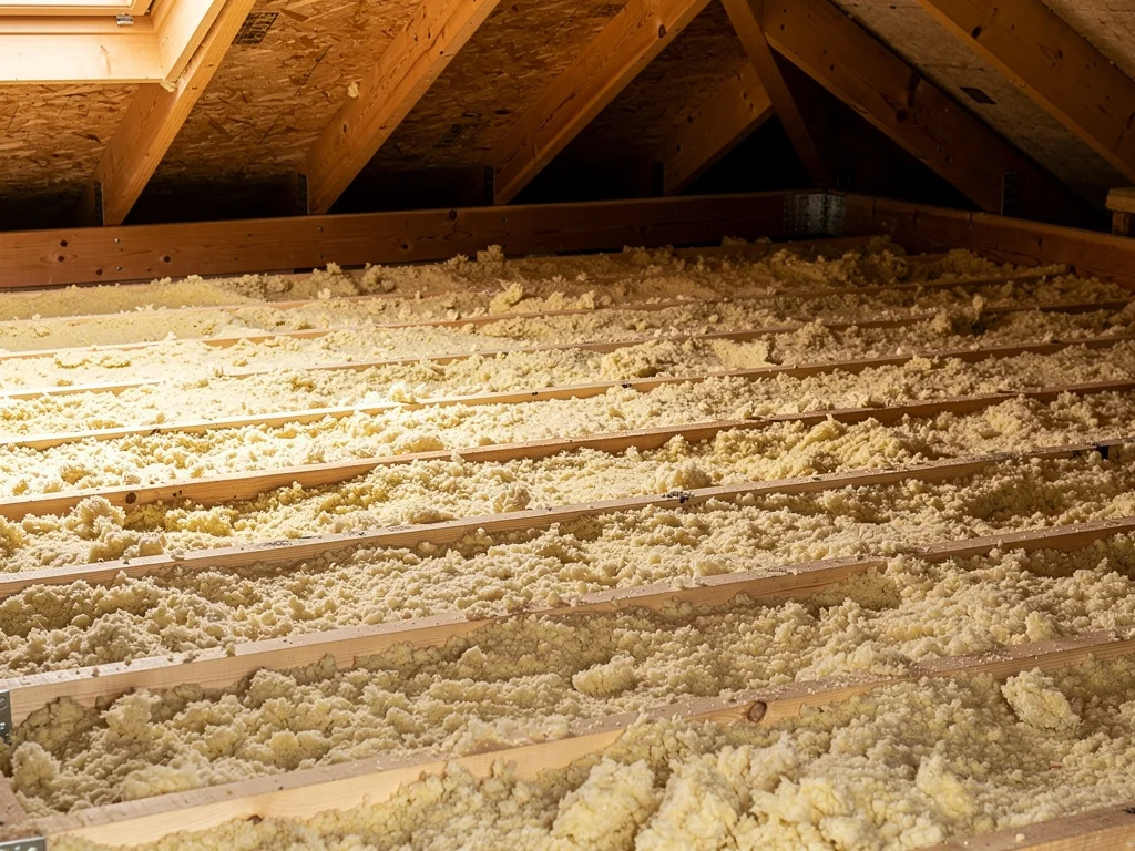 Couche homogène de laine minérale soufflée sur un plancher de combles